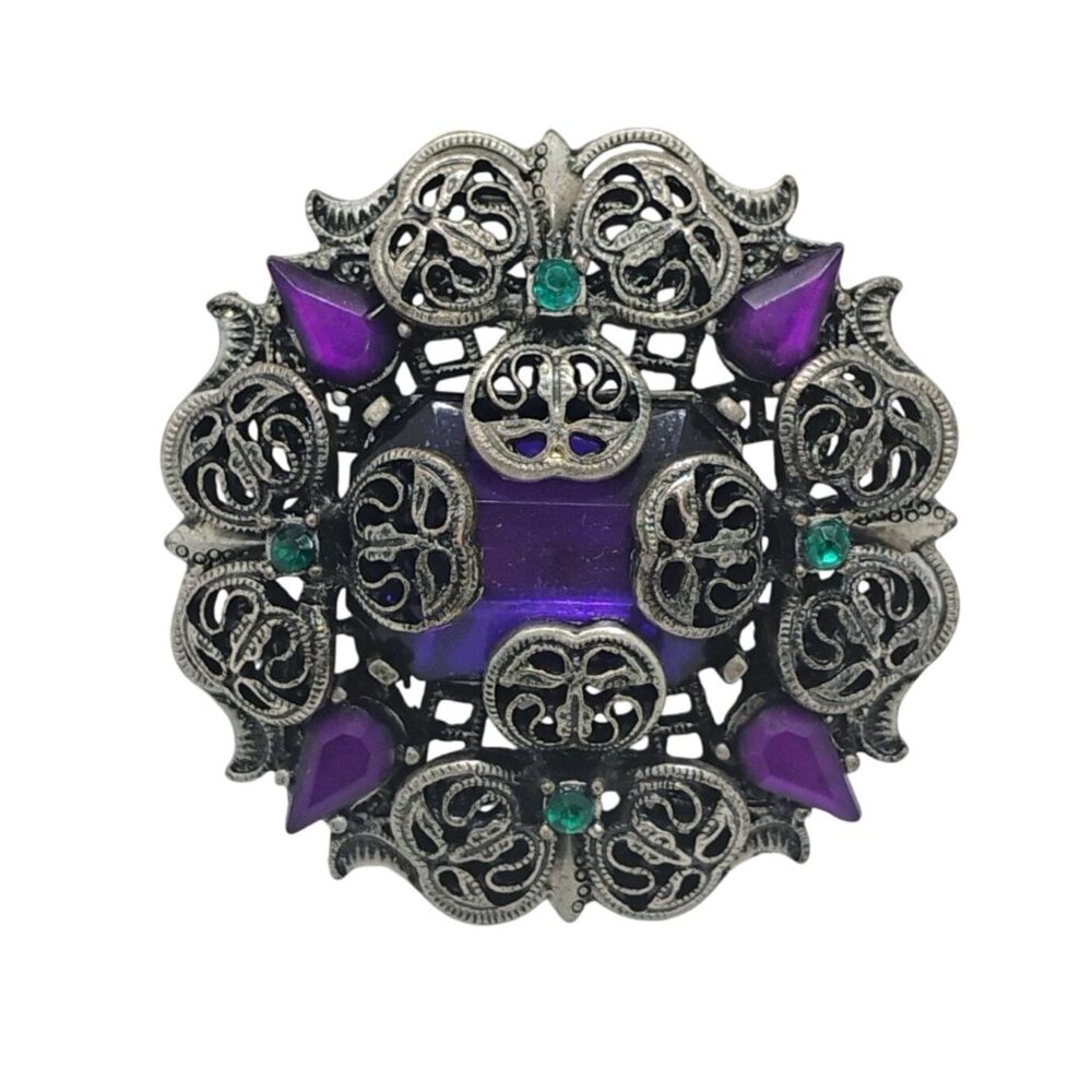 Victorian Revival Purple Green Glass Rhinestone Silver Tone Filigree Brooch